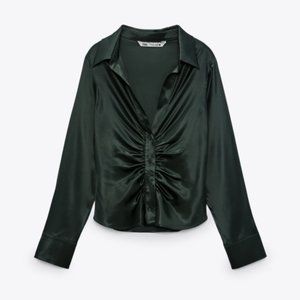 ZARA HUNTED GREEN FITTED GATHERED SATIN EFFECT BUTTON DOWN SHIRT
